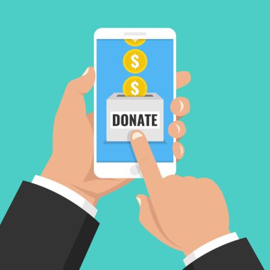 Online kavramı bağış yapın. Holding smartphone ile altın el ve bağış kutusu ekranda. Vektör çizim. 