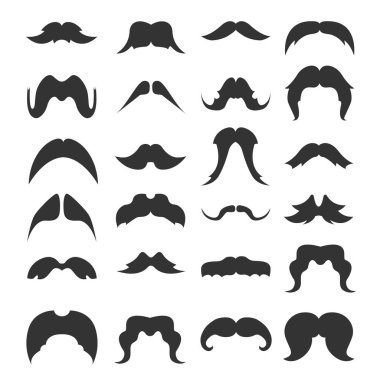 Bıyıklar siyah siluetler büyük kümesi. Erkekler bıyık topluluğu. Vektör çizim. 