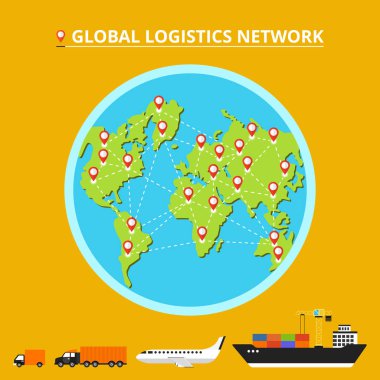 Global lojistik ağı. İcons set: kamyon, van, uçak, kargo gemisi. Nakliye dünya üzerinde. Düz vektör çizim. 