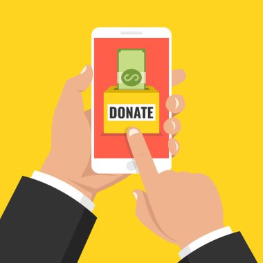 Online kavramı bağış yapın. Holding smartphone Doları para ile el ve bağış kutusu ekranda. Vektör çizim.