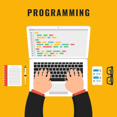 Çalışma Masası dizüstü bilgisayarda kodlama programcı. Ekran dizüstü bilgisayarda kod. Vektör çizim.