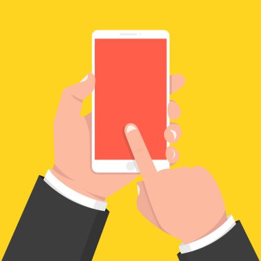 Akıllı telefon tutarak ve ekran dokunaklı el. Vektör çizim.