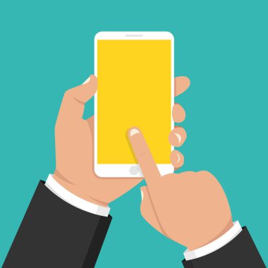 Akıllı telefon tutarak ve ekran dokunaklı el. Vektör çizim. 