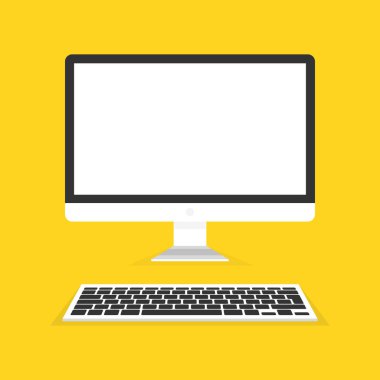 Modern düz ekran bilgisayar monitörü ile klavye. Beyaz arka plan üzerinde izole bilgisayar. Vektör çizim.