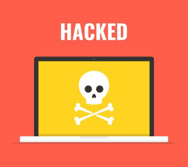 Kafatası üstünde belgili tanımlık perde ile dizüstü bilgisayar. Virüs, korsan, Hack ve güvenlik kavramı. Vektör çizim. 
