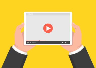 Tablet tutarak ve ekran dokunmadan eller. Ekranda video oynatıcı. Vektör çizim.