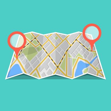 Harita Gps navigasyon ve Puan üstünde o. Yol kavramı bulmak. Vektör çizim. 