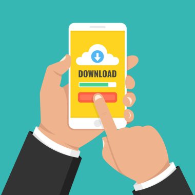 Dosya, bilgi kavramı indiriyor. Akıllı telefon tutarak ve ekran dokunaklı el. Vektör çizim.