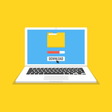 Dizüstü bilgisayar ve ilerleme durum çubuğunu ekranda. Dosya, bilgi kavramı indiriyor. Vektör çizim. 