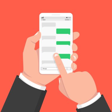 Smartphone Uygulama sohbet kutuları ile tutan el. Vektör çizim. 