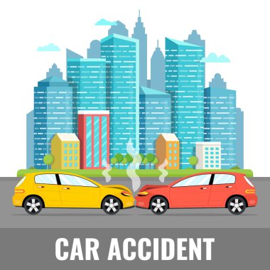 Araba kaza kavramı. Şehir şehir manzara arka planda. Vektör çizim.