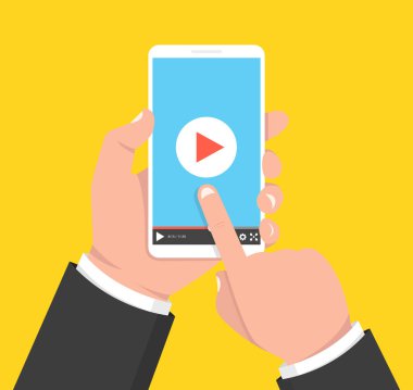 Tablet tutarak ve ekran dokunmadan eller. Ekranda video oynatıcı. Vektör çizim.