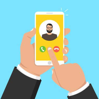 Smartphone ekran gelen arama. Bir yandan dokunmatik ekran smartphone ve parmak tutar. Erkek avatar. Vektör çizim. 