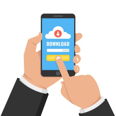 Dosya, bilgi kavramı indiriyor. Akıllı telefon tutarak ve ekran dokunaklı el. Vektör çizim.