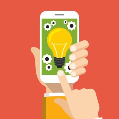 Mobil uygulama geliştirme. Smartphone turuncu arka planda tutan el. Vektör çizim. 