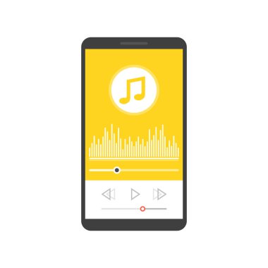 Smartphone ile müzik oyuncu app üstünde belgili tanımlık perde. Vektör çizim. Yeşil arka plan