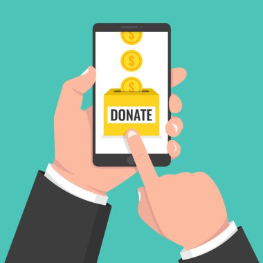Online kavramı bağış yapın. Holding smartphone ile altın el ve bağış kutusu ekranda. Vektör çizim. 