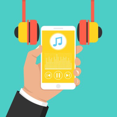Müzik player uygulaması ekran ve kulaklık ile akıllı telefon. Düz çizgi film tarzı. Vektör çizim. 