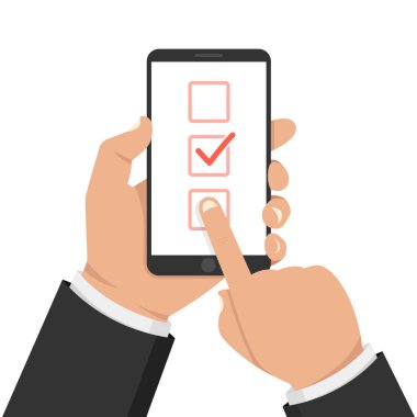 Smartphone ekranında liste düğmesini kontrol edin. Bir yandan dokunmatik ekran smartphone ve parmak tutar. Vektör çizim.