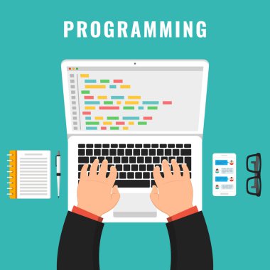 Çalışma Masası dizüstü bilgisayarda kodlama programcı. Ekran dizüstü bilgisayarda kod. Vektör çizim.