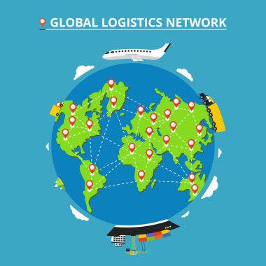 Global lojistik ağı. İcons set: kamyon, van, uçak, kargo gemisi. Nakliye dünya üzerinde. Düz vektör çizim. 