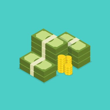 Büyük yığılmış Doları yığın nakit ve altın. Yüzlerce dolar. Vektör izometrik çizim. 