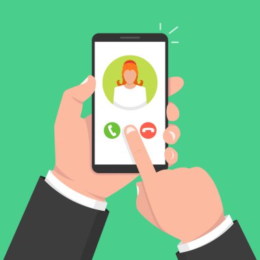 Smartphone ekran gelen arama. Bir yandan dokunmatik ekran smartphone ve parmak tutar. Kadın avatar. Vektör çizim. 