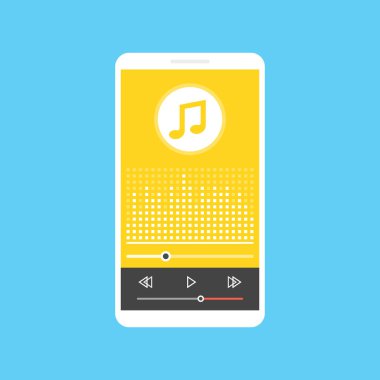 Smartphone ile müzik oyuncu app üstünde belgili tanımlık perde. Vektör çizim. mavi arka plan