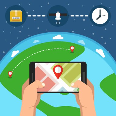 İşaretçi ekran smartphone cep telefonu gps navigasyon harita. Online kavramı. Arka plan dünyada. Düz vektör çizim. 