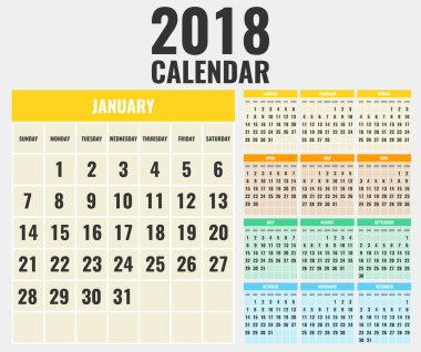 Takvim şablonu 2018 yıl için. Hafta Pazar günü başlar. Vektör çizim.