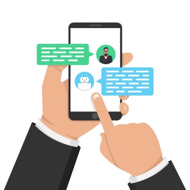 Sohbet etmek kavramı. Kullanıcı sohbet bot smartphone cep telefonu ile sohbet. Kullanıcı konuşmak ile bot içinde haberci. Vektör çizim.