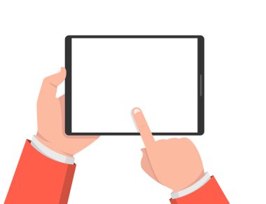 Tablet tutarak ve ekran dokunaklı el. Düz vektör çizim. 