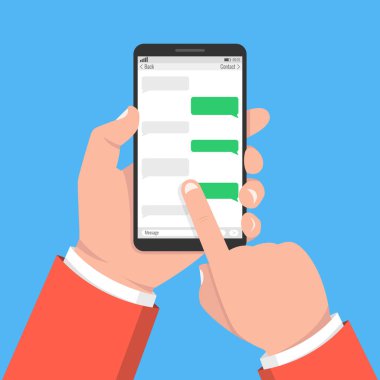 Smartphone Uygulama sohbet kutuları ile tutan el. Vektör çizim. 