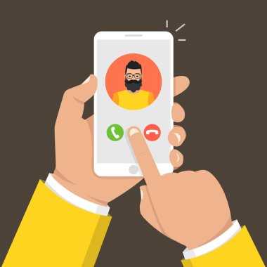 Smartphone ekran gelen arama. Bir yandan dokunmatik ekran smartphone ve parmak tutar. Erkek avatar. Vektör çizim. 