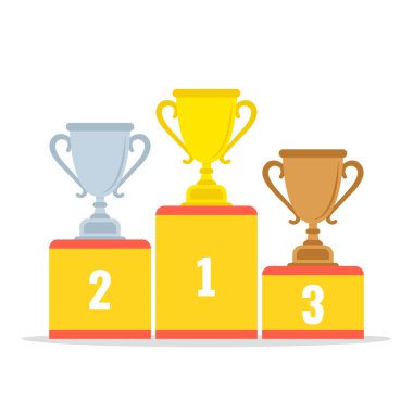 Altın, gümüş ve bronz cups ile kazanan podyum. Düz çizgi film tarzı. Vektör çizim. 