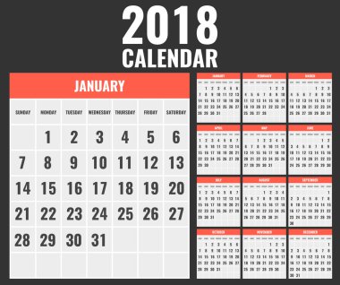 Takvim şablonu 2018 yıl için. Hafta Pazar günü başlar. Vektör çizim.