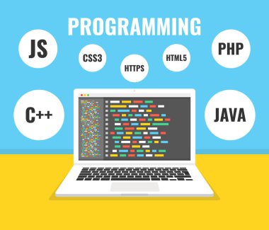 Programlama, web geliştirme kavramı. Ekran bilgisayarda kod. İş yerinde. Vektör çizim. Mavi arka plan