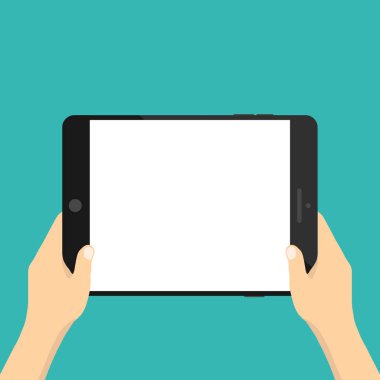 Tablet tutarak ve ekran dokunaklı el. Düz vektör çizim.