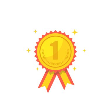 Madalya simgesi. Spor ve şampiyon öğesi. Madalya kırmızı kurdele ile birincilik. Düz çizgi film tarzı. Vektör çizim. 