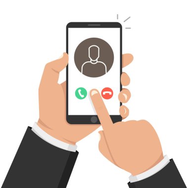 Smartphone ekran gelen arama. Bir yandan dokunmatik ekran smartphone ve parmak tutar. Erkek avatar. Vektör çizim. 