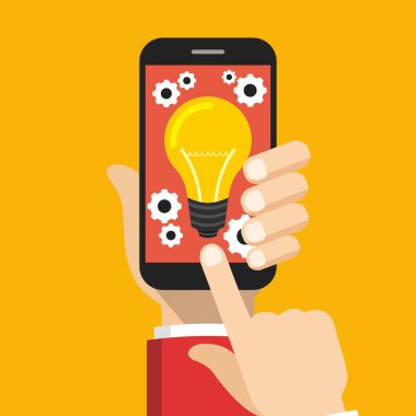 Mobil uygulama geliştirme. Smartphone turuncu arka planda tutan el. Vektör çizim. 