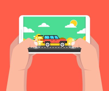 Akıllı telefon tutarak ve yarış oyunu oynayan adam. Mobil oyun kavramı. Düz çizgi film tarzı. Vektör çizim kırmızı zemin üzerine