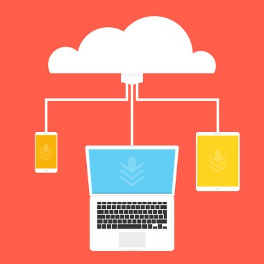 Bulut depolama kavramı. Bulut ile bağlı aygıtları. Dizüstü bilgisayar, tablet ve akıllı telefon simgeleri. Düz vektör çizim.