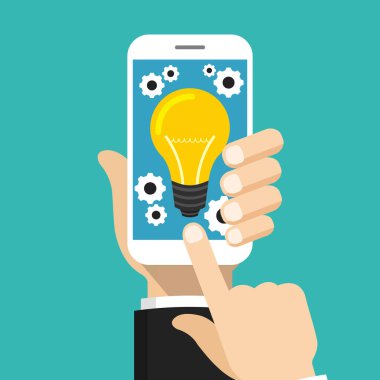 Mobil uygulama geliştirme. Smartphone turuncu arka planda tutan el. Vektör çizim. 