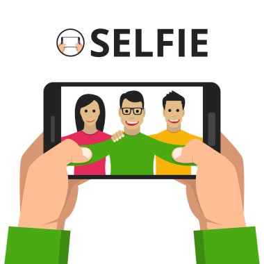 Üstünde belgili tanımlık perde smartphone selfie fotoğraf ile holding adam eller. Vektör düz çizim.