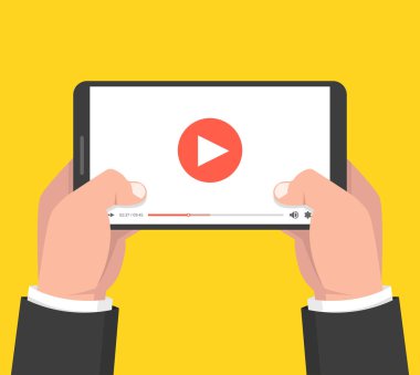 Tablet tutarak ve ekran dokunmadan eller. Ekranda video oynatıcı. Vektör çizim.