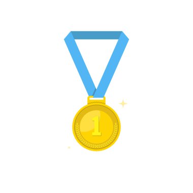 Madalya simgesi. Spor ve şampiyon öğesi. Madalya kırmızı kurdele ile birincilik. Düz çizgi film tarzı. Vektör çizim. 