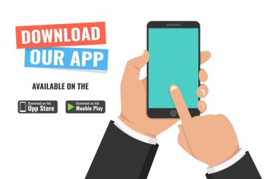 Download sayfa beyaz arka plan üzerinde hareket eden App. Akıllı telefon tutarak ve ekran dokunaklı el. Vektör çizim. 