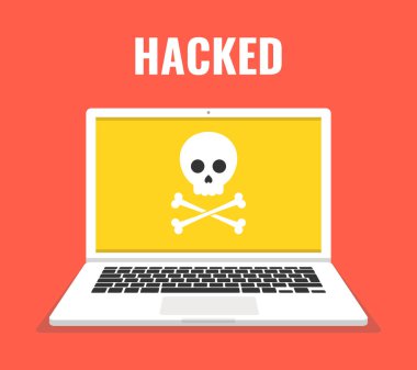 Kafatası üstünde belgili tanımlık perde ile dizüstü bilgisayar. Virüs, korsan, Hack ve güvenlik kavramı. Vektör çizim. 