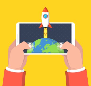 Akıllı telefon tutarak ve roket oyun oynayan adam. Mobil oyun kavramı. Düz çizgi film tarzı. Vektör çizim. sarı arka plan